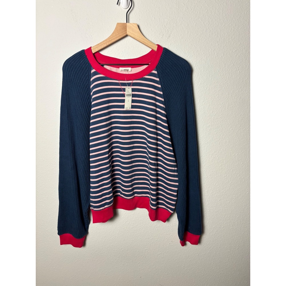 Pilcro Anthropologie Niki Knit-Sleeve Bubble Sweatshirt Striped Blue Pink XL NWT
